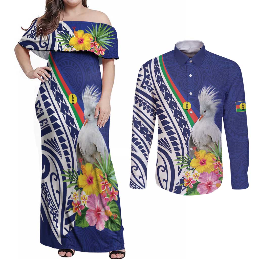 New Caledonia Kagu Bird Couples Matching Off Shoulder Maxi Dress and Long Sleeve Button Shirt Polynesian Tropical Flowers LT9 Blue - Polynesian Pride