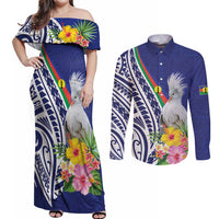 New Caledonia Kagu Bird Couples Matching Off Shoulder Maxi Dress and Long Sleeve Button Shirt Polynesian Tropical Flowers LT9 Blue - Polynesian Pride