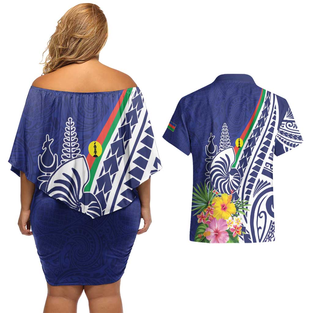 New Caledonia Kagu Bird Couples Matching Off Shoulder Short Dress and Hawaiian Shirt Polynesian Tropical Flowers LT9 - Polynesian Pride