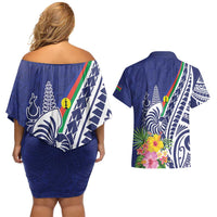 New Caledonia Kagu Bird Couples Matching Off Shoulder Short Dress and Hawaiian Shirt Polynesian Tropical Flowers LT9 - Polynesian Pride