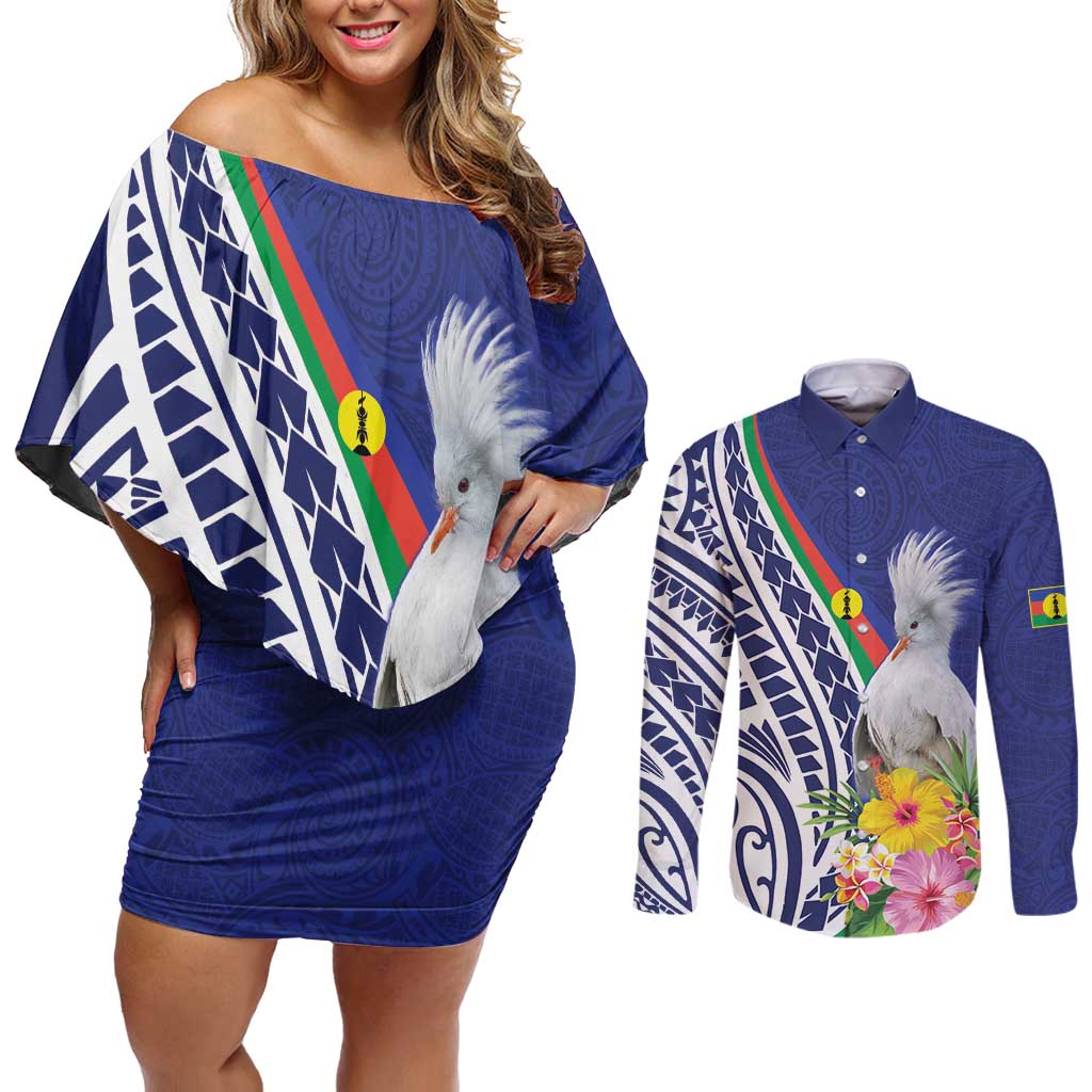 New Caledonia Kagu Bird Couples Matching Off Shoulder Short Dress and Long Sleeve Button Shirt Polynesian Tropical Flowers LT9 Blue - Polynesian Pride