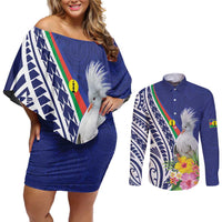 New Caledonia Kagu Bird Couples Matching Off Shoulder Short Dress and Long Sleeve Button Shirt Polynesian Tropical Flowers LT9 Blue - Polynesian Pride
