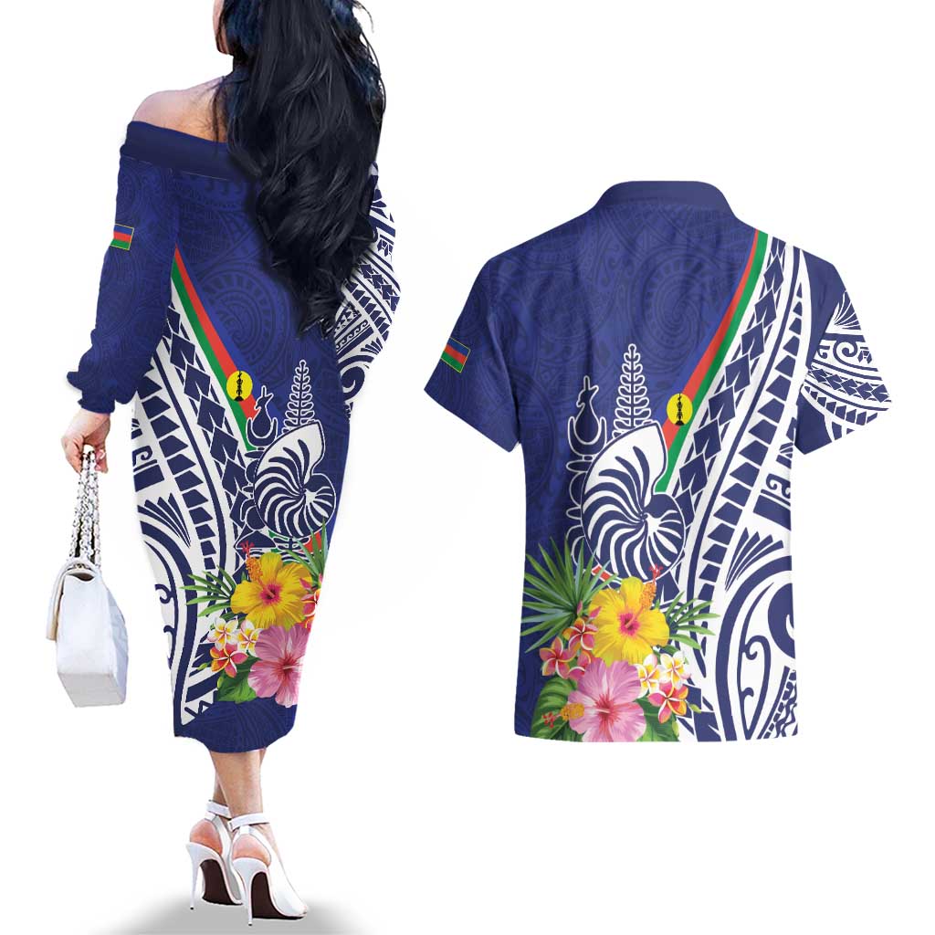New Caledonia Kagu Bird Couples Matching Off The Shoulder Long Sleeve Dress and Hawaiian Shirt Polynesian Tropical Flowers LT9 - Polynesian Pride