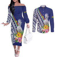 New Caledonia Kagu Bird Couples Matching Off The Shoulder Long Sleeve Dress and Long Sleeve Button Shirt Polynesian Tropical Flowers LT9 Blue - Polynesian Pride