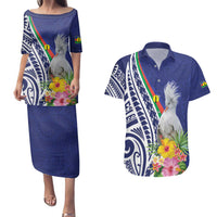 New Caledonia Kagu Bird Couples Matching Puletasi and Hawaiian Shirt Polynesian Tropical Flowers LT9 Blue - Polynesian Pride