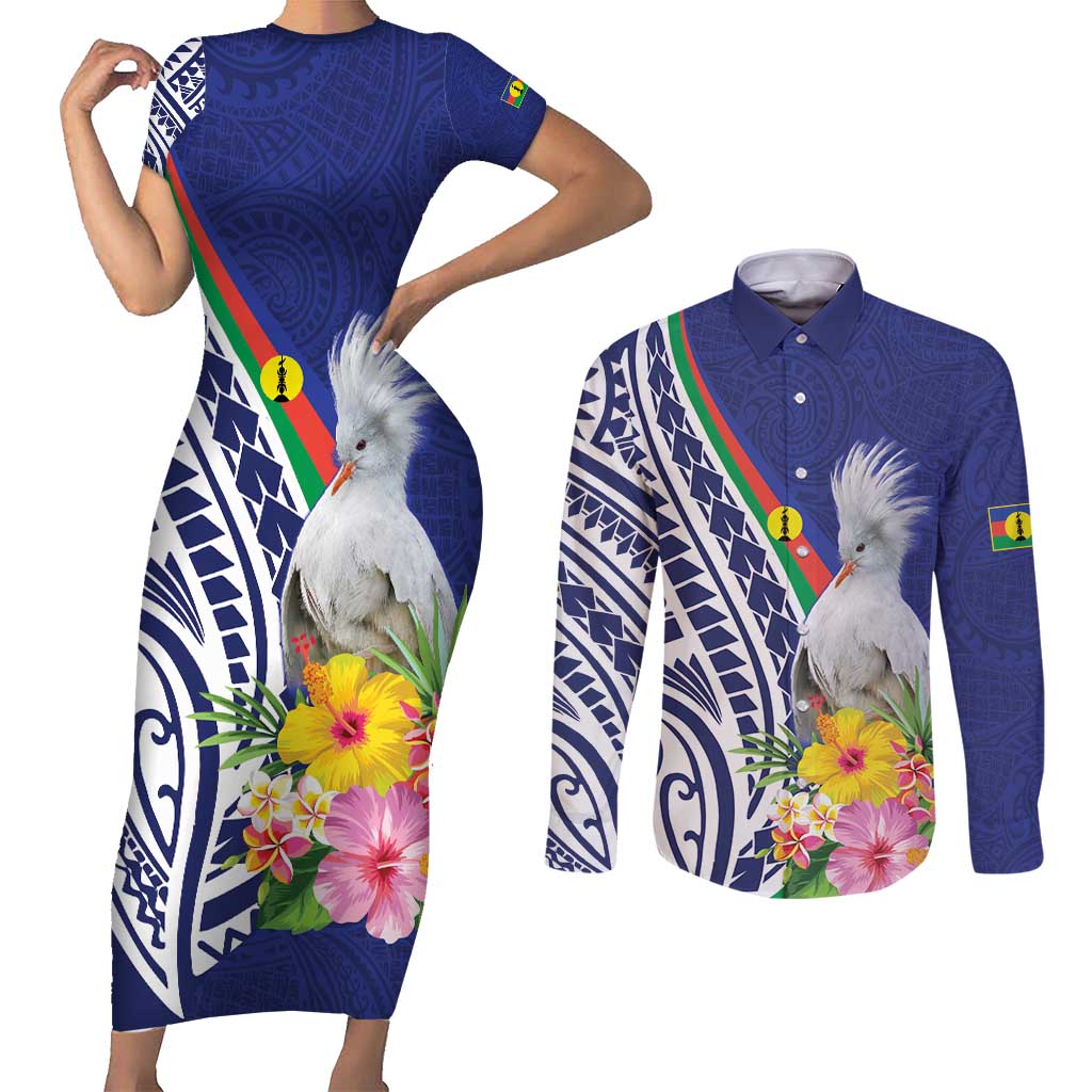 New Caledonia Kagu Bird Couples Matching Short Sleeve Bodycon Dress and Long Sleeve Button Shirt Polynesian Tropical Flowers LT9 Blue - Polynesian Pride