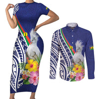 New Caledonia Kagu Bird Couples Matching Short Sleeve Bodycon Dress and Long Sleeve Button Shirt Polynesian Tropical Flowers LT9 Blue - Polynesian Pride