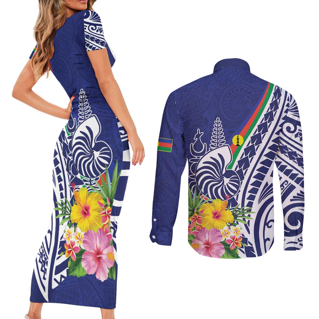 New Caledonia Kagu Bird Couples Matching Short Sleeve Bodycon Dress and Long Sleeve Button Shirt Polynesian Tropical Flowers LT9 - Polynesian Pride