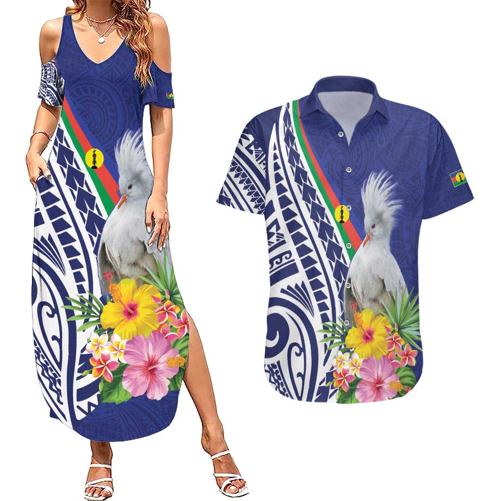 New Caledonia Kagu Bird Couples Matching Summer Maxi Dress and Hawaiian Shirt Polynesian Tropical Flowers LT9 Blue - Polynesian Pride