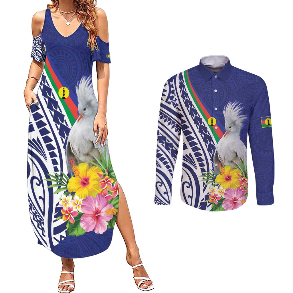 New Caledonia Kagu Bird Couples Matching Summer Maxi Dress and Long Sleeve Button Shirt Polynesian Tropical Flowers LT9 Blue - Polynesian Pride