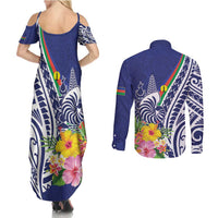New Caledonia Kagu Bird Couples Matching Summer Maxi Dress and Long Sleeve Button Shirt Polynesian Tropical Flowers LT9 - Polynesian Pride