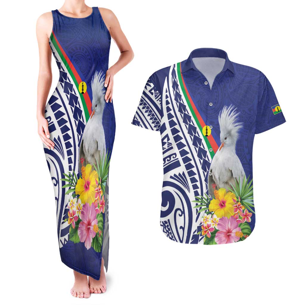 New Caledonia Kagu Bird Couples Matching Tank Maxi Dress and Hawaiian Shirt Polynesian Tropical Flowers LT9 Blue - Polynesian Pride