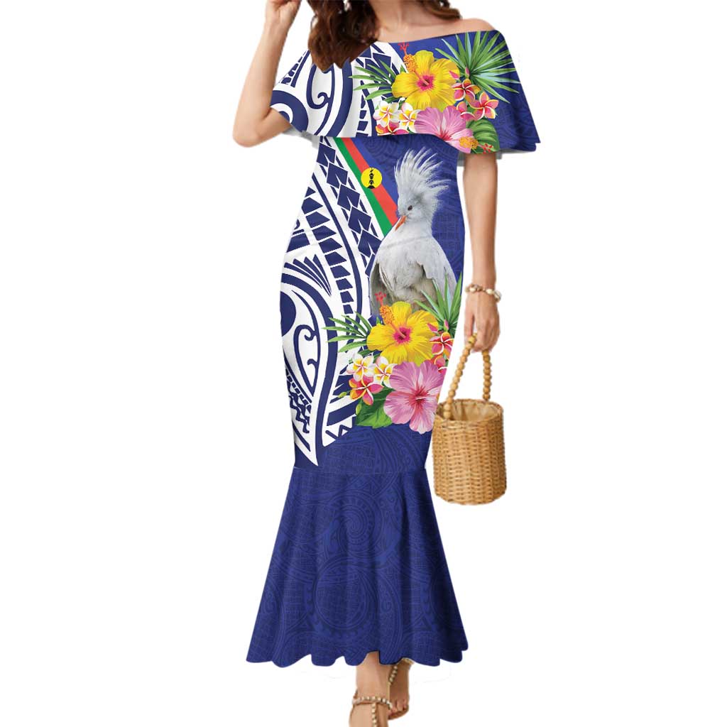 New Caledonia Kagu Bird Family Matching Mermaid Dress and Hawaiian Shirt Polynesian Tropical Flowers LT9 Mom's Dress Blue - Polynesian Pride