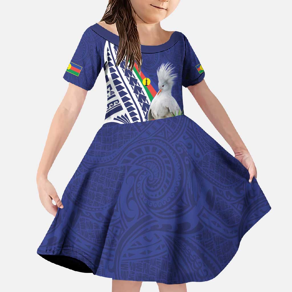 New Caledonia Kagu Bird Family Matching Off Shoulder Maxi Dress and Hawaiian Shirt Polynesian Tropical Flowers LT9 Daughter's Dress Blue - Polynesian Pride