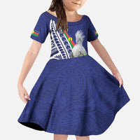 New Caledonia Kagu Bird Family Matching Off Shoulder Maxi Dress and Hawaiian Shirt Polynesian Tropical Flowers LT9 Daughter's Dress Blue - Polynesian Pride