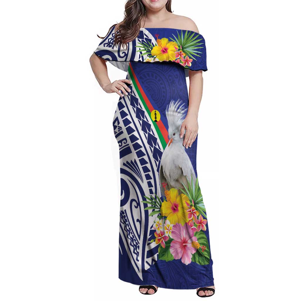 New Caledonia Kagu Bird Family Matching Off Shoulder Maxi Dress and Hawaiian Shirt Polynesian Tropical Flowers LT9 Mom's Dress Blue - Polynesian Pride