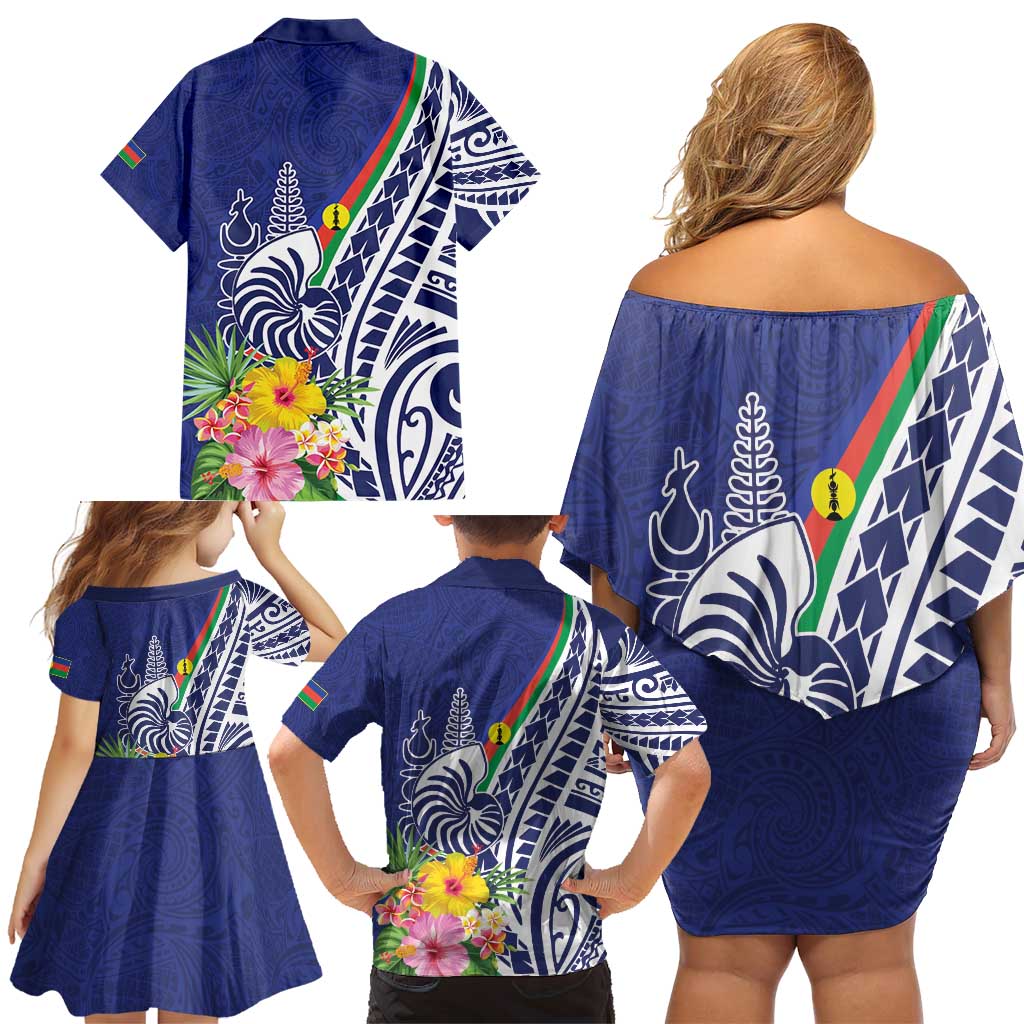 New Caledonia Kagu Bird Family Matching Off Shoulder Short Dress and Hawaiian Shirt Polynesian Tropical Flowers LT9 - Polynesian Pride