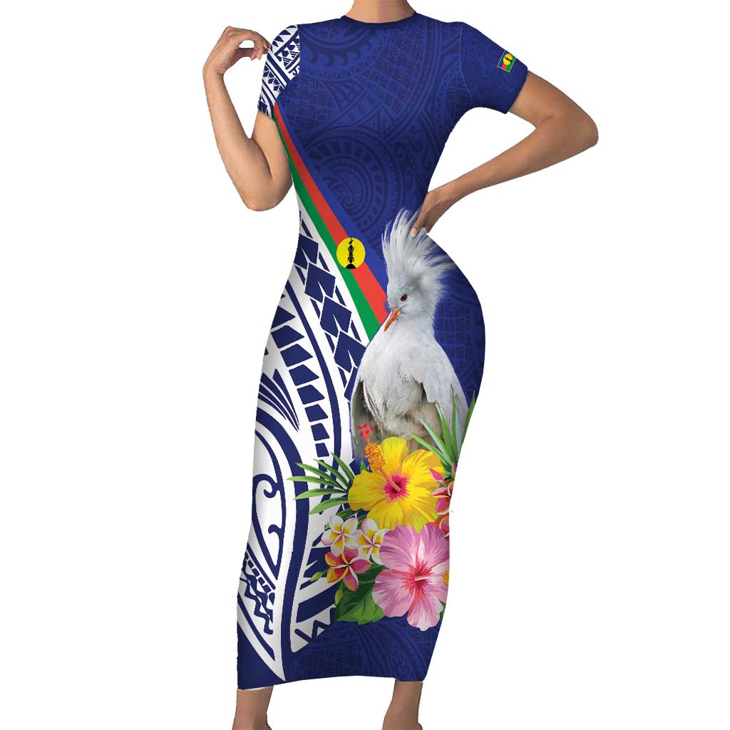 New Caledonia Kagu Bird Family Matching Short Sleeve Bodycon Dress and Hawaiian Shirt Polynesian Tropical Flowers LT9 Mom's Dress Blue - Polynesian Pride