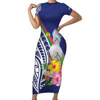 New Caledonia Kagu Bird Family Matching Short Sleeve Bodycon Dress and Hawaiian Shirt Polynesian Tropical Flowers LT9 Mom's Dress Blue - Polynesian Pride