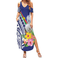 New Caledonia Kagu Bird Family Matching Summer Maxi Dress and Hawaiian Shirt Polynesian Tropical Flowers LT9 Mom's Dress Blue - Polynesian Pride