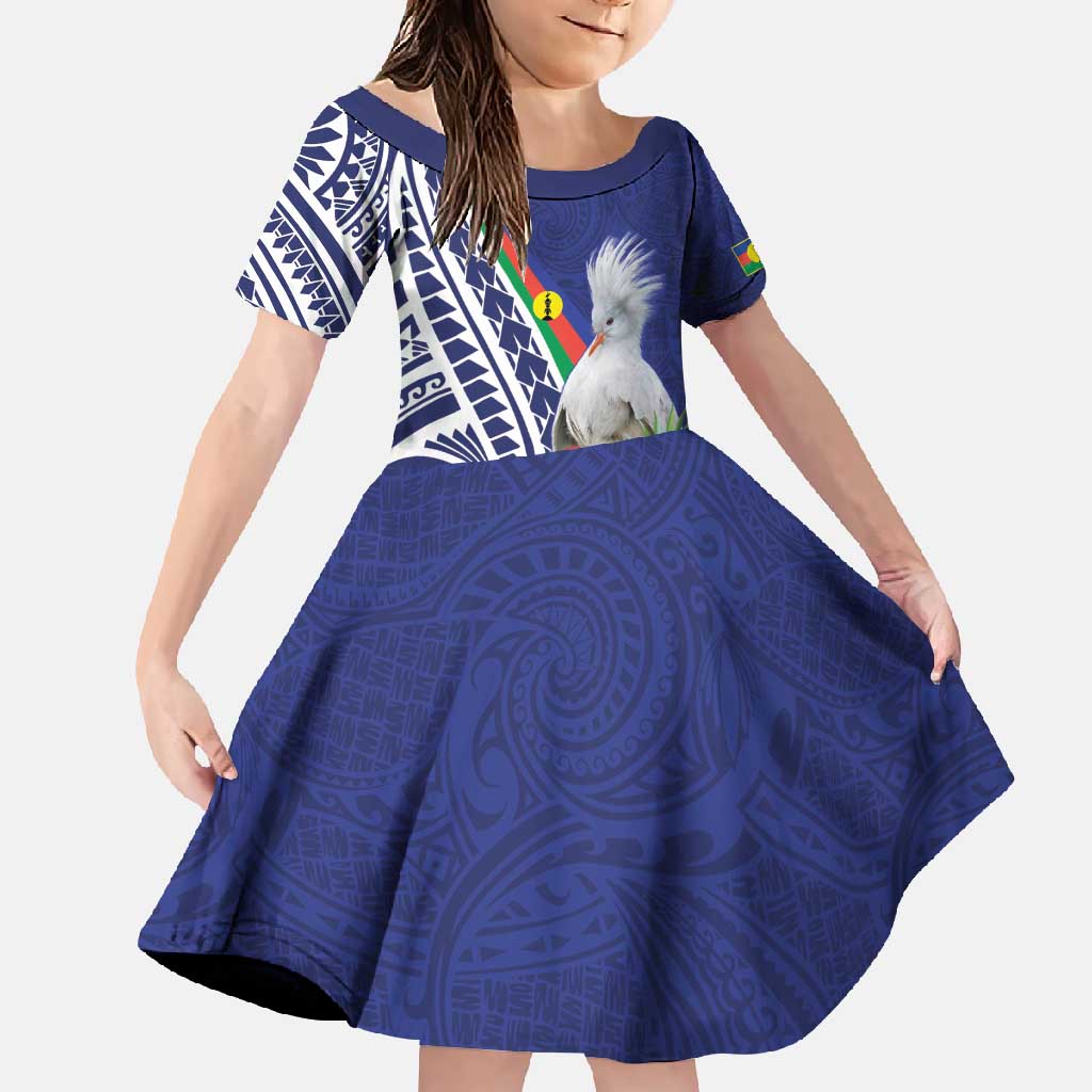 New Caledonia Kagu Bird Family Matching Tank Maxi Dress and Hawaiian Shirt Polynesian Tropical Flowers LT9 Daughter's Dress Blue - Polynesian Pride