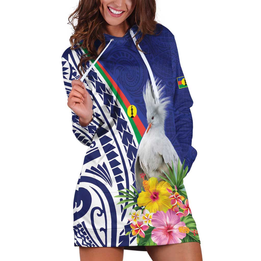 New Caledonia Kagu Bird Hoodie Dress Polynesian Tropical Flowers LT9 Blue - Polynesian Pride