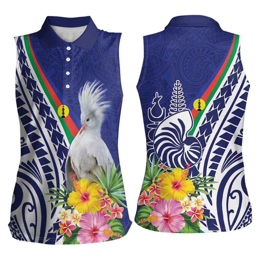 New Caledonia Kagu Bird Women Sleeveless Polo Shirt Polynesian Tropical Flowers LT9 - Polynesian Pride