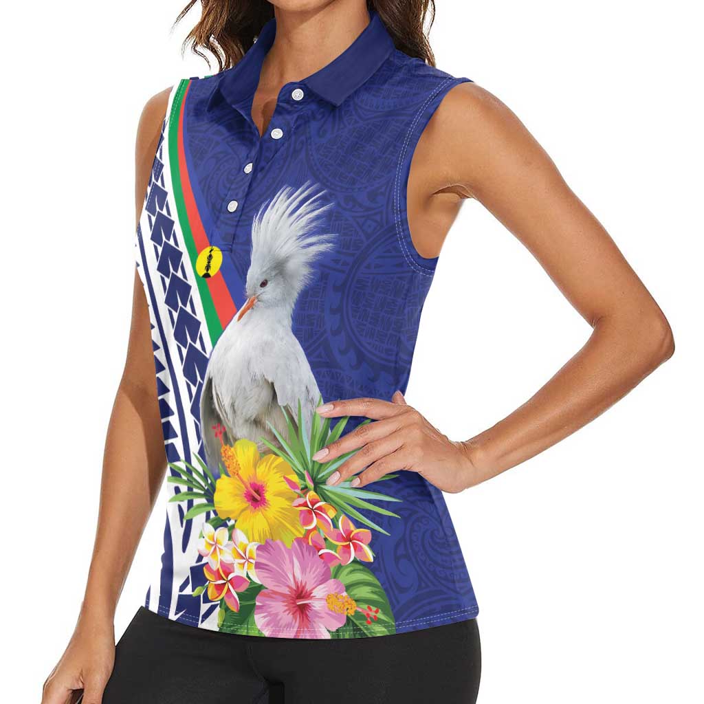 New Caledonia Kagu Bird Women Sleeveless Polo Shirt Polynesian Tropical Flowers LT9 - Polynesian Pride