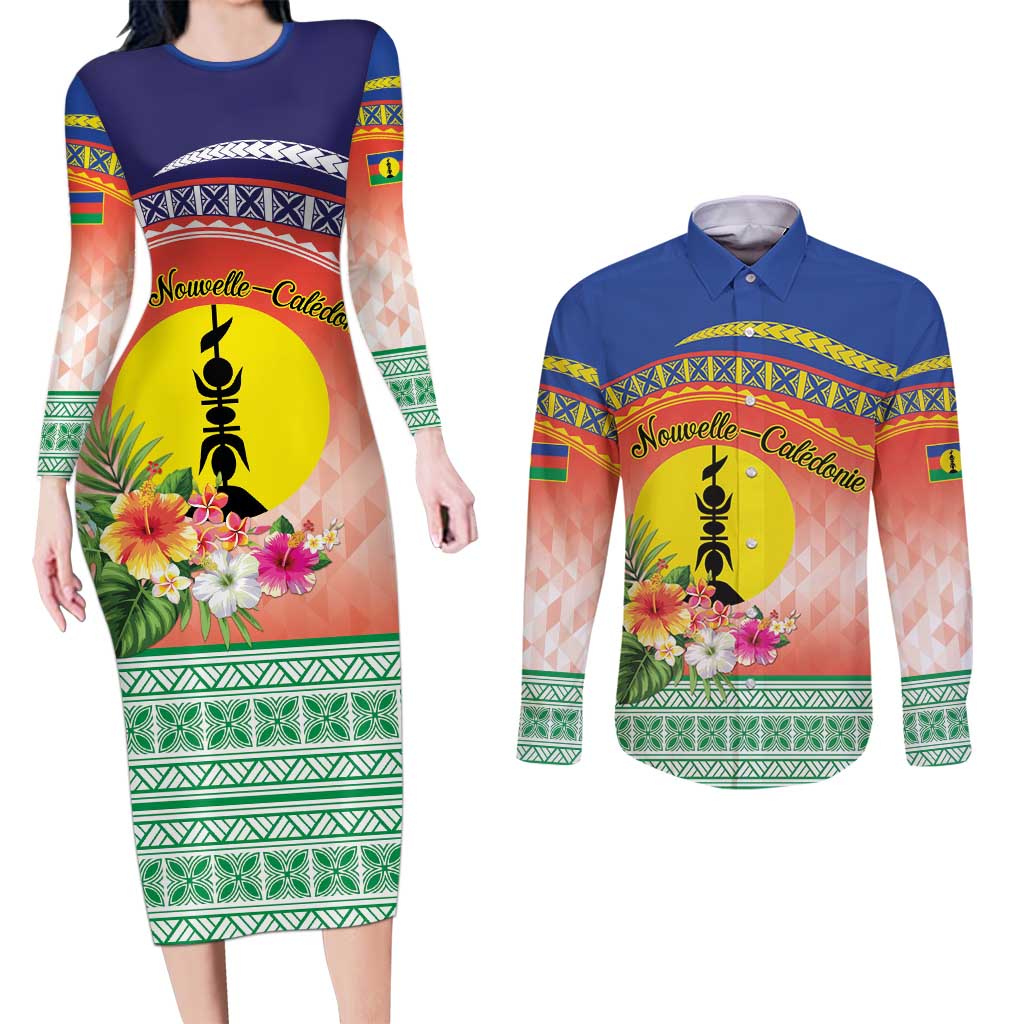 New Caledonia Nautilus Shell Couples Matching Long Sleeve Bodycon Dress and Long Sleeve Button Shirt Polynesian Tropical Flowers LT9 Red - Polynesian Pride