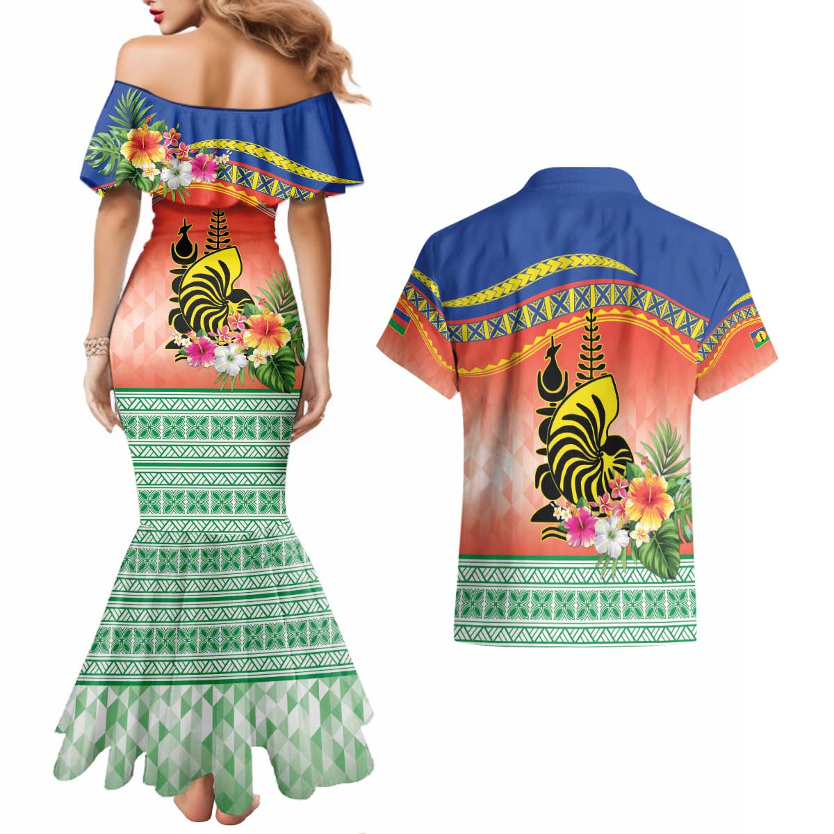 New Caledonia Nautilus Shell Couples Matching Mermaid Dress and Hawaiian Shirt Polynesian Tropical Flowers LT9 - Polynesian Pride