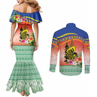 New Caledonia Nautilus Shell Couples Matching Mermaid Dress and Long Sleeve Button Shirt Polynesian Tropical Flowers