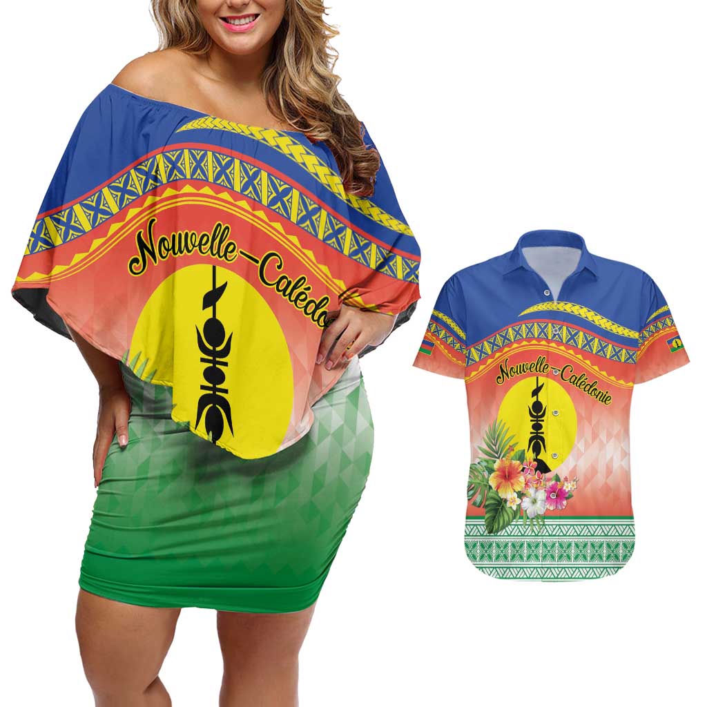 New Caledonia Nautilus Shell Couples Matching Off Shoulder Short Dress and Hawaiian Shirt Polynesian Tropical Flowers LT9 Red - Polynesian Pride