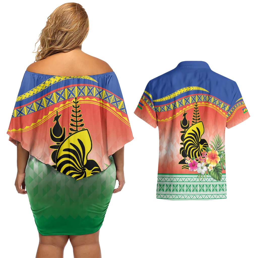 New Caledonia Nautilus Shell Couples Matching Off Shoulder Short Dress and Hawaiian Shirt Polynesian Tropical Flowers LT9 - Polynesian Pride