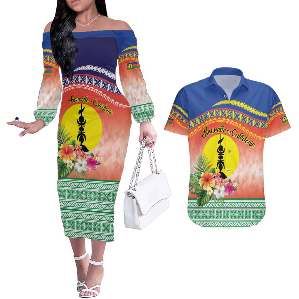 New Caledonia Nautilus Shell Couples Matching Off The Shoulder Long Sleeve Dress and Hawaiian Shirt Polynesian Tropical Flowers LT9 Red - Polynesian Pride