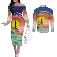 New Caledonia Nautilus Shell Couples Matching Off The Shoulder Long Sleeve Dress and Long Sleeve Button Shirt Polynesian Tropical Flowers LT9 Red - Polynesian Pride