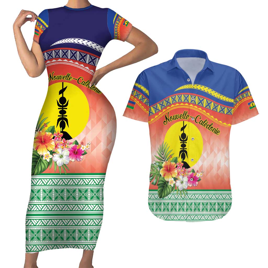 New Caledonia Nautilus Shell Couples Matching Short Sleeve Bodycon Dress and Hawaiian Shirt Polynesian Tropical Flowers LT9 Red - Polynesian Pride