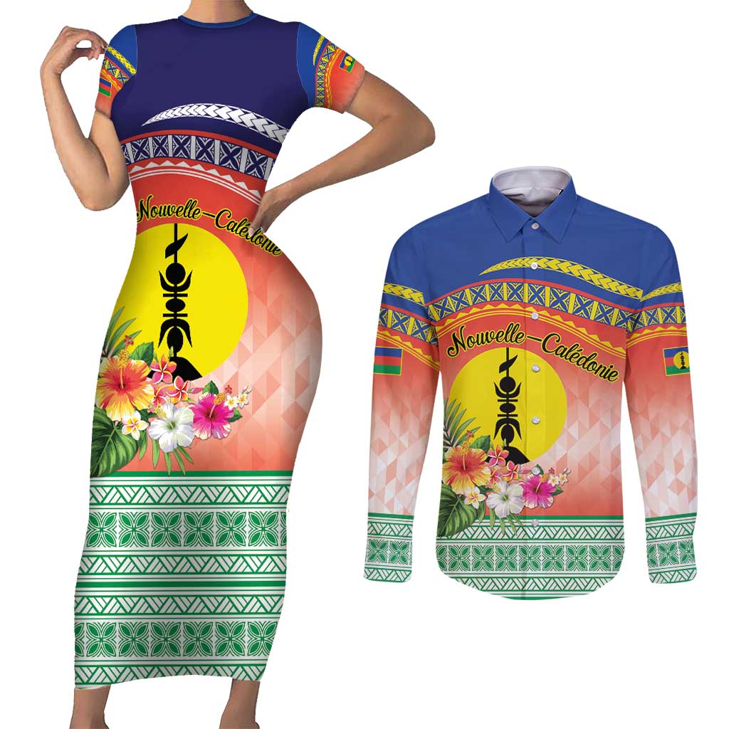 New Caledonia Nautilus Shell Couples Matching Short Sleeve Bodycon Dress and Long Sleeve Button Shirt Polynesian Tropical Flowers LT9 Red - Polynesian Pride