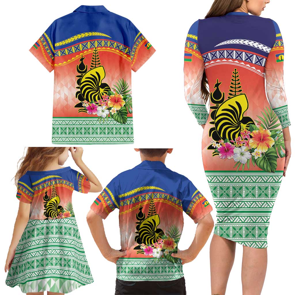 New Caledonia Nautilus Shell Family Matching Long Sleeve Bodycon Dress and Hawaiian Shirt Polynesian Tropical Flowers LT9 - Polynesian Pride