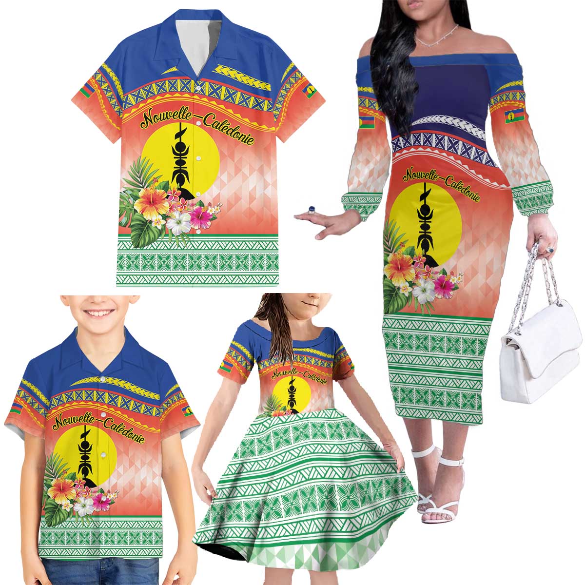 New Caledonia Nautilus Shell Family Matching Off The Shoulder Long Sleeve Dress and Hawaiian Shirt Polynesian Tropical Flowers LT9 - Polynesian Pride