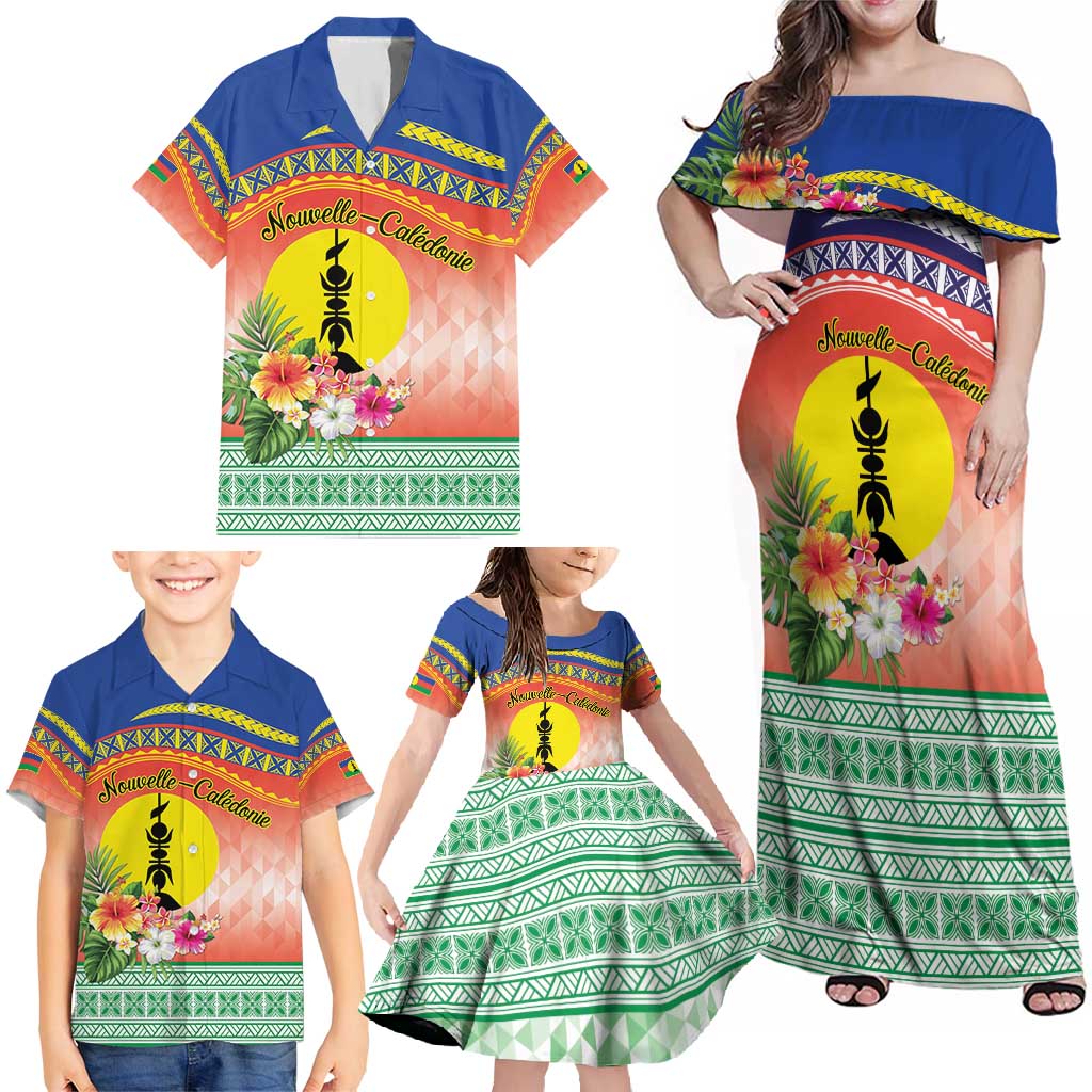 New Caledonia Nautilus Shell Family Matching Off Shoulder Maxi Dress and Hawaiian Shirt Polynesian Tropical Flowers LT9 - Polynesian Pride