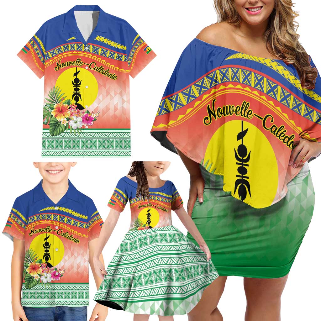 New Caledonia Nautilus Shell Family Matching Off Shoulder Short Dress and Hawaiian Shirt Polynesian Tropical Flowers LT9 - Polynesian Pride