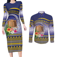 Tokelau Tuluma Couples Matching Long Sleeve Bodycon Dress and Long Sleeve Button Shirt Polynesian Tropical Flowers LT9 Blue - Polynesian Pride