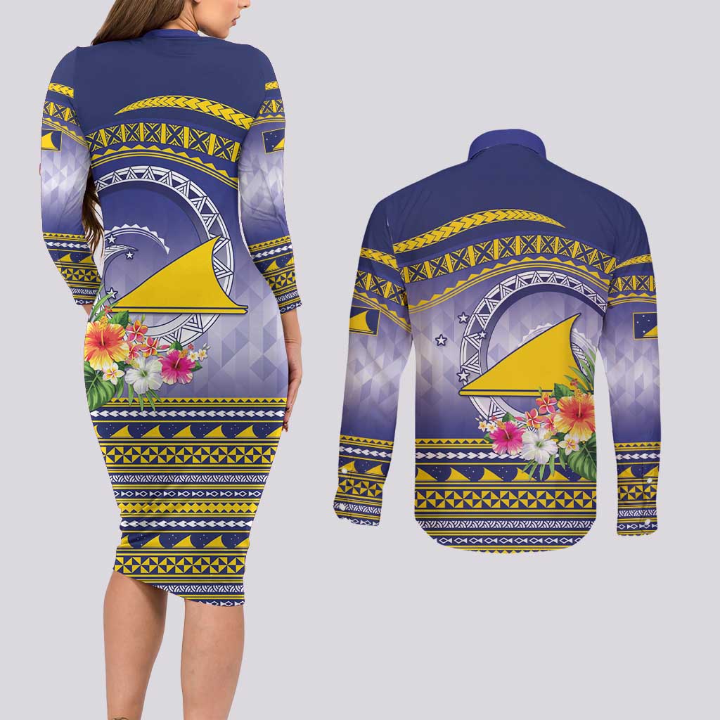 Tokelau Tuluma Couples Matching Long Sleeve Bodycon Dress and Long Sleeve Button Shirt Polynesian Tropical Flowers LT9 - Polynesian Pride