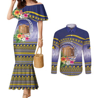 Tokelau Tuluma Couples Matching Mermaid Dress and Long Sleeve Button Shirt Polynesian Tropical Flowers LT9 Blue - Polynesian Pride
