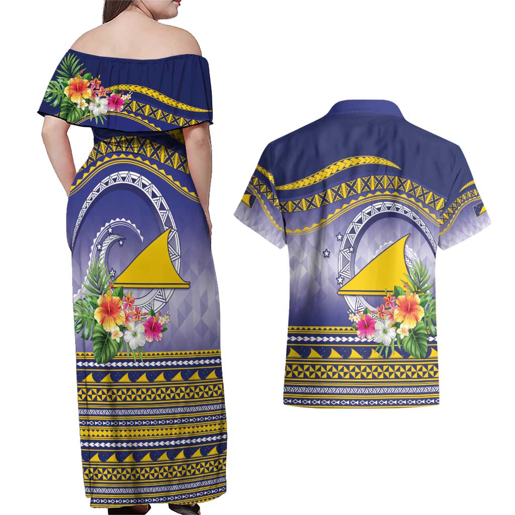 Tokelau Tuluma Couples Matching Off Shoulder Maxi Dress and Hawaiian Shirt Polynesian Tropical Flowers LT9 - Polynesian Pride