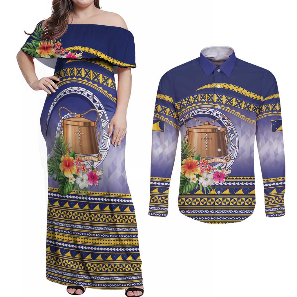 Tokelau Tuluma Couples Matching Off Shoulder Maxi Dress and Long Sleeve Button Shirt Polynesian Tropical Flowers LT9 Blue - Polynesian Pride