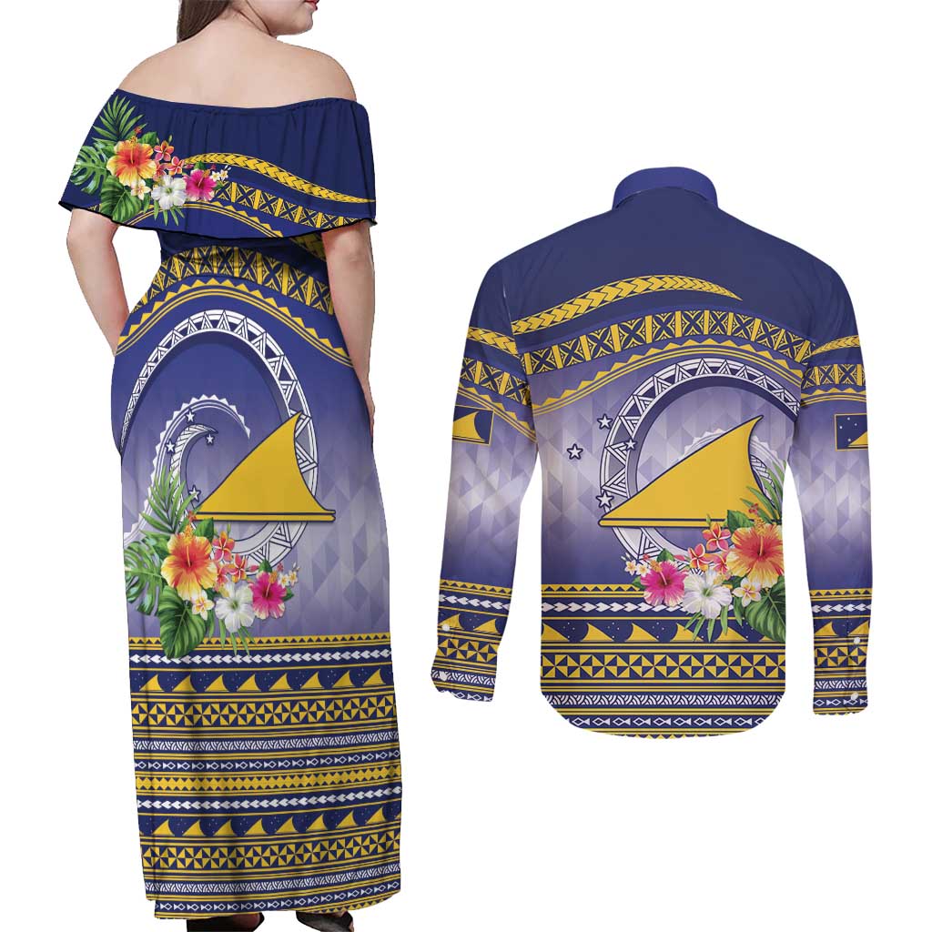 Tokelau Tuluma Couples Matching Off Shoulder Maxi Dress and Long Sleeve Button Shirt Polynesian Tropical Flowers LT9 - Polynesian Pride