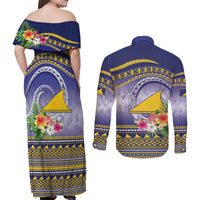 Tokelau Tuluma Couples Matching Off Shoulder Maxi Dress and Long Sleeve Button Shirt Polynesian Tropical Flowers LT9 - Polynesian Pride