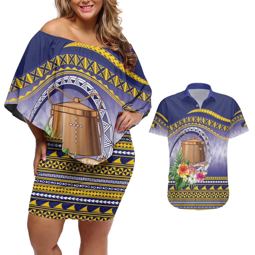 Tokelau Tuluma Couples Matching Off Shoulder Short Dress and Hawaiian Shirt Polynesian Tropical Flowers LT9 Blue - Polynesian Pride
