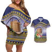 Tokelau Tuluma Couples Matching Off Shoulder Short Dress and Hawaiian Shirt Polynesian Tropical Flowers LT9 Blue - Polynesian Pride